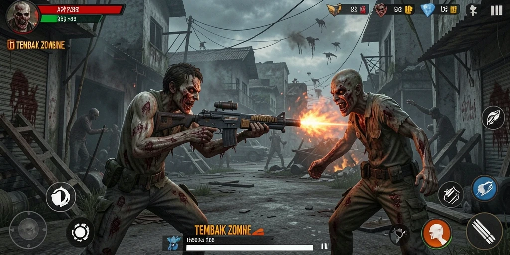 Tampilan antarmuka seru dan dinamis dari permainan Tembak Zombie.