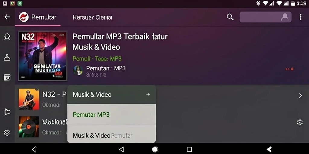Antarmuka pengguna aplikasi N32 dengan fitur Pemutar MP3 yang intuitif.