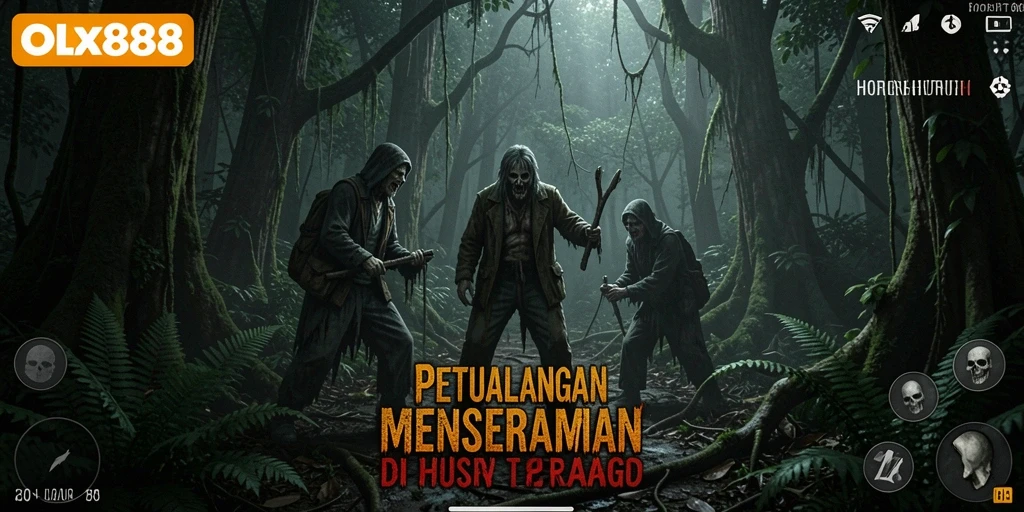 Antarmuka seram yang menampilkan suasana hutan horor.